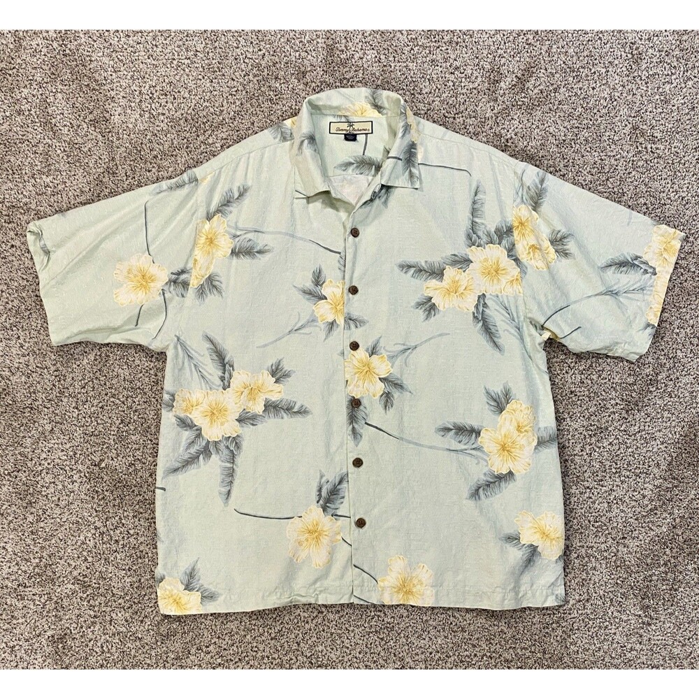 Tommy Bahama Mens L 100% Silk Hawaiian Camp Shirt Floral Yellow Hibiscus
